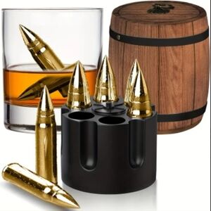 Golden Food Grade Stainless Steel Bullet Whiskey Stones Barrel Set
